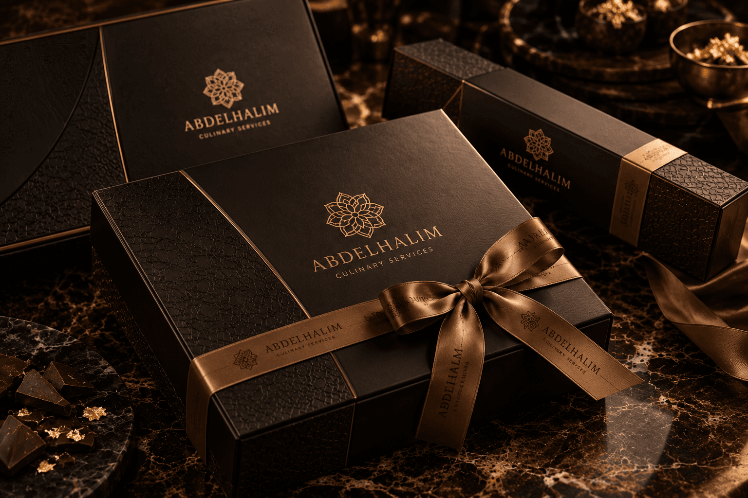 Abdelhalim corporate gift boxes in espresso and bronze, finished with branded ribbons